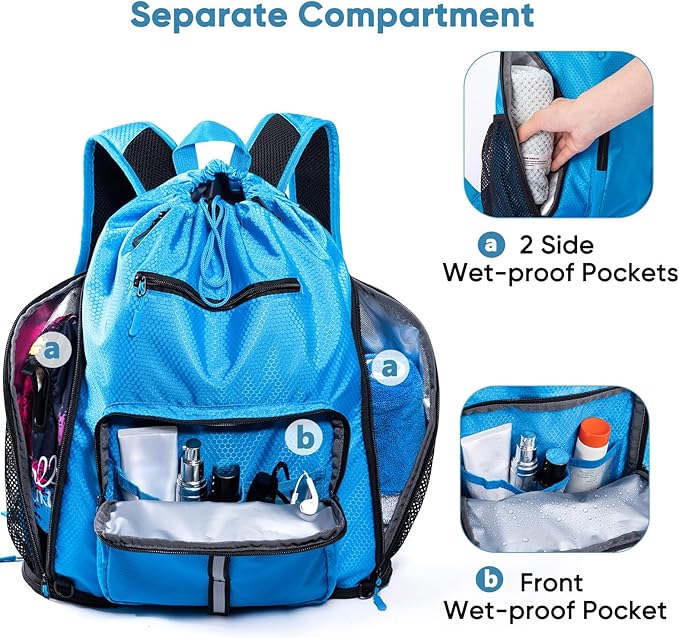 Large Beach Backpack Waterproof Sandproof - Customized Oversized Drawstring Pool Bag with Shoe Compartment for Toiletries, Towels, Gym, Travel