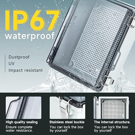 Waterproof Electrical Junction Box，IP67 Waterproof Clear ABS Plastic Enclosure Boxes for Outdoor Network Enclosure with Hinged Cover, Mounting Plate, Wall Brackets, Cable Glands (11.4"x7.5"x5.5")