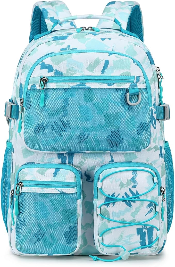 Lohol Multi-Pocket Backpack for School College Travel, Heavy Duty Big Bookbag with 15.6 inch Laptop Compartment (Green Graffiti