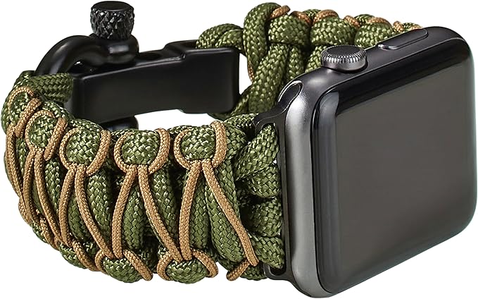 Savior Survival Gear Paracord Watch Band - Compatible with Apple Watch Band 49mm 46mm 45mm 44mm 42mm - iWatch Band Series Ultra 10 9 8 7 6 5 4 3 2 1 SE – Adjustable strap for men (Green-Brown, Large)