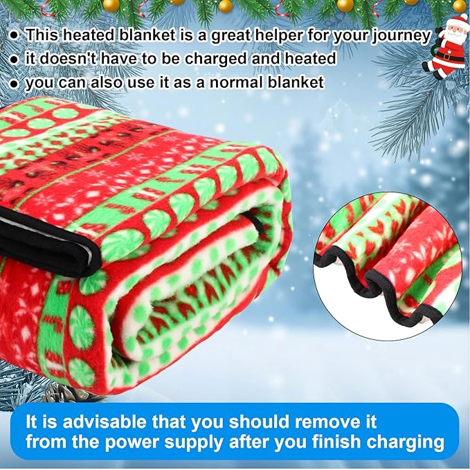 Riakrum 12V Heated Blanket for Car with 2 Heating Levels Winter Electric Blanket Warm Throw Gift, Plugs into Car Truck SUV RV and Camping, 58 x 43 Inch(Christmas)