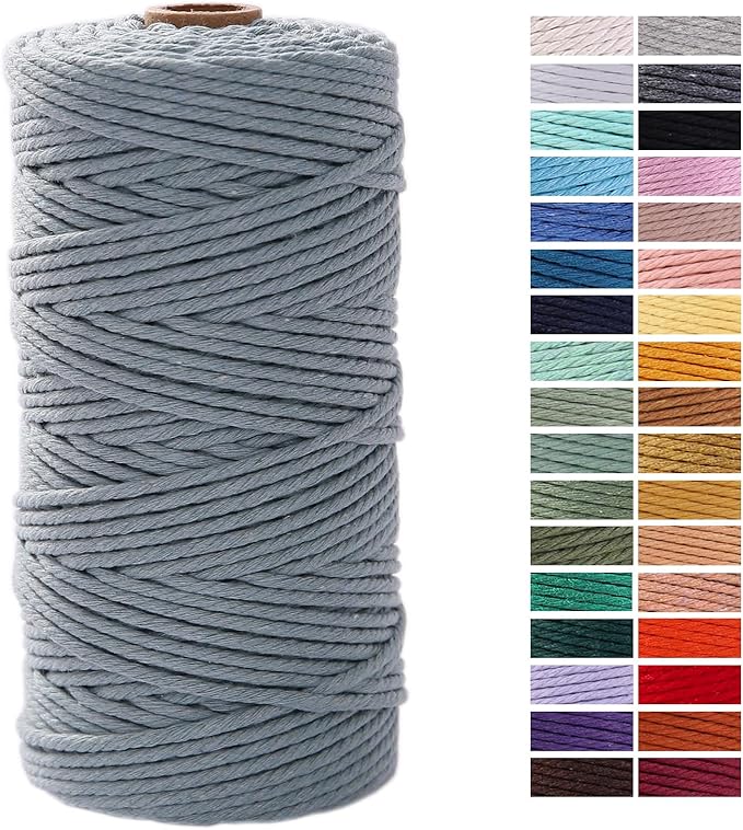 Grayish Blue Macrame Cord 3mm x 109Yards, Colored Cotton Rope for Wall Hanging, Plant Hangers, Crafts, Knitting, Decorative Projects