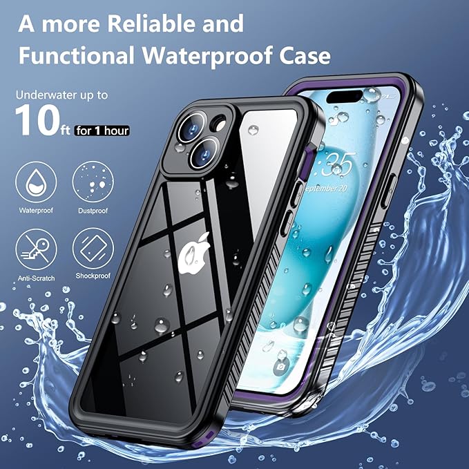 SPIDERCASE for iPhone 15 Case Waterproof, Built-in Lens & Screen Protector, Full Heavy Duty Protection, 12FT Military Shockproof, Dustproof Phone Case,Purple