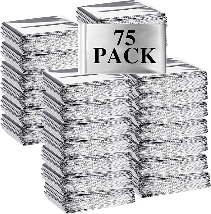 Macarrie 75 Pack Emergency Foil Thermal Blankets Silver Foil Survival Space Blanket Kit for Outdoors, Camping, Hiking, Homeless, Survival or First Aid, Silver