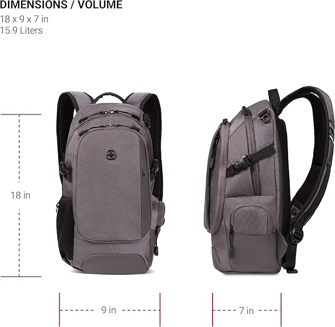 SwissGear 3598 Backpack, Narrow Daypack, Ideal for Commuting and School, Grey Ballistic