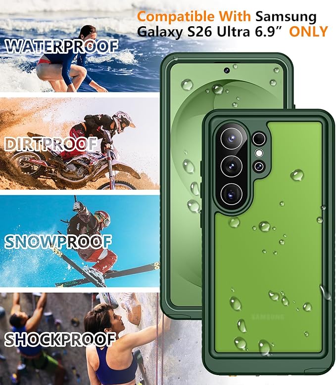 Temdan Designed for Samsung Galaxy S26 Ultra Case Waterproof, Built-in Lens & Screen Protector Military Grade Shockproof Dropproof IP68 Underwater Full Body Phone Case for Galaxy S26 Ultra 6.9"-Green