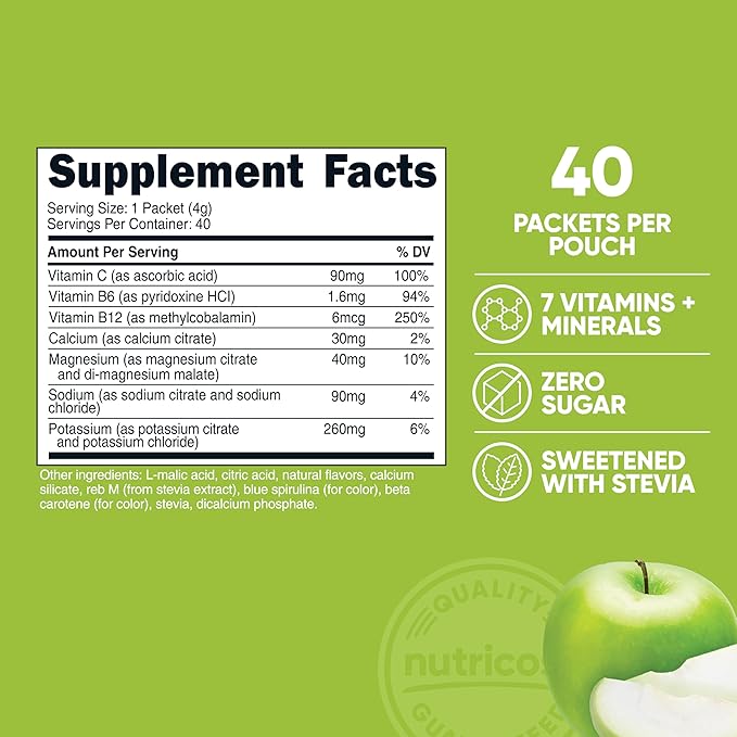 Nutricost Electrolytes Complex, Green Apple Flavored, 40 Stickpacks - Advanced Hydration Complex
