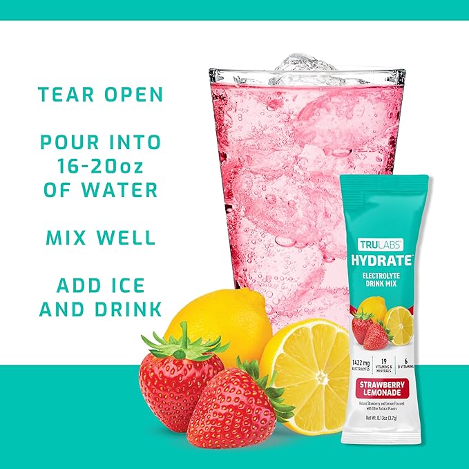 TRULABS Hydrate Electrolyte Drink Mix – Strawberry Lemon Flavor, Sugar-Free Hydration Packets with 1422 mg Electrolytes & 19 Vitamins & Minerals, Monk Fruit Sweetened, On-the-Go Sticks (16 Count)
