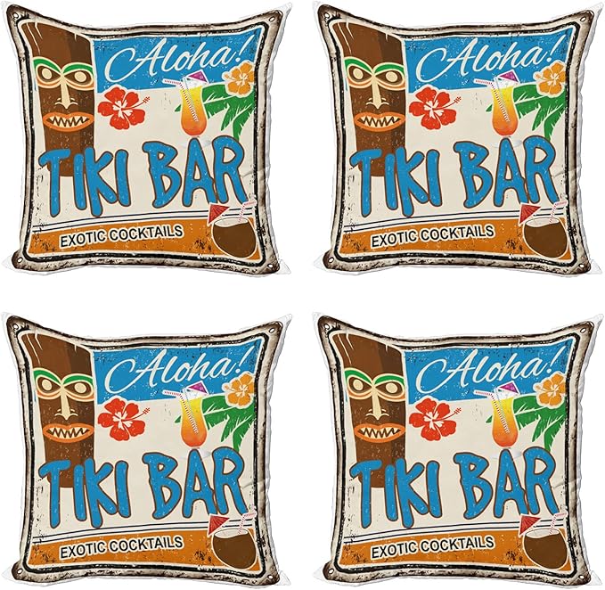 Ambesonne Tiki Bar Decorative Throw Pillow Case Pack of 4, Rusty Vintage Sign Aloha Exotic Cocktails and Coconut Drink Antique Nostalgic, Cushion Cover for Couch Living Room Car, 24", Brown Blue