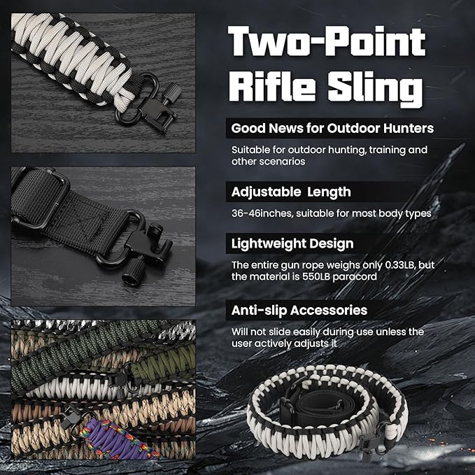 Double Braide 550LB Shotgun Sling 2 Point Paracord Rifle Sling,Non-Slip Traditional Adjustable Gun Sling for Hunting Shooting Camping