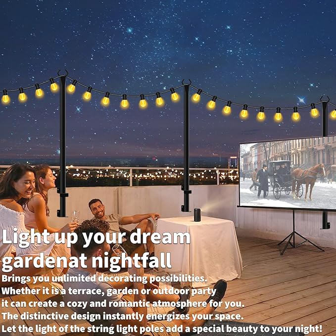 AHRLHR 5 Ft String Light Poles 2 Pack, String Light Poles for Outside with Fixing Clips,Hanging Light Poles for Deck Fence Garden Backyard Wall Bistro,Metal Poles for Outdoor String Lights