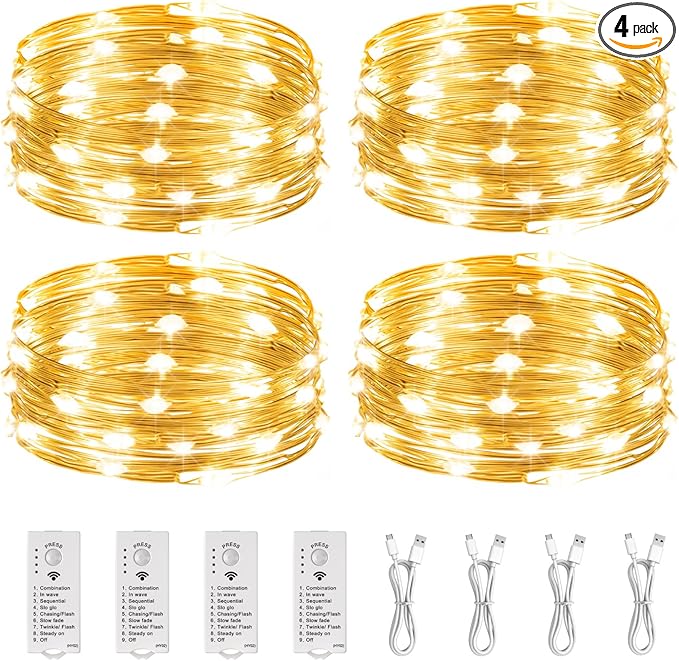 HXWEIYE Rechargeable Fairy Lights Battery Operated, DIY Timer & 8 Modes, 4 Pack 16FT 50LED Twinkle String Lights Indoor, Led mini Lights for Bedroom Wedding Dorm Christmas Tree Decor (Warm White)