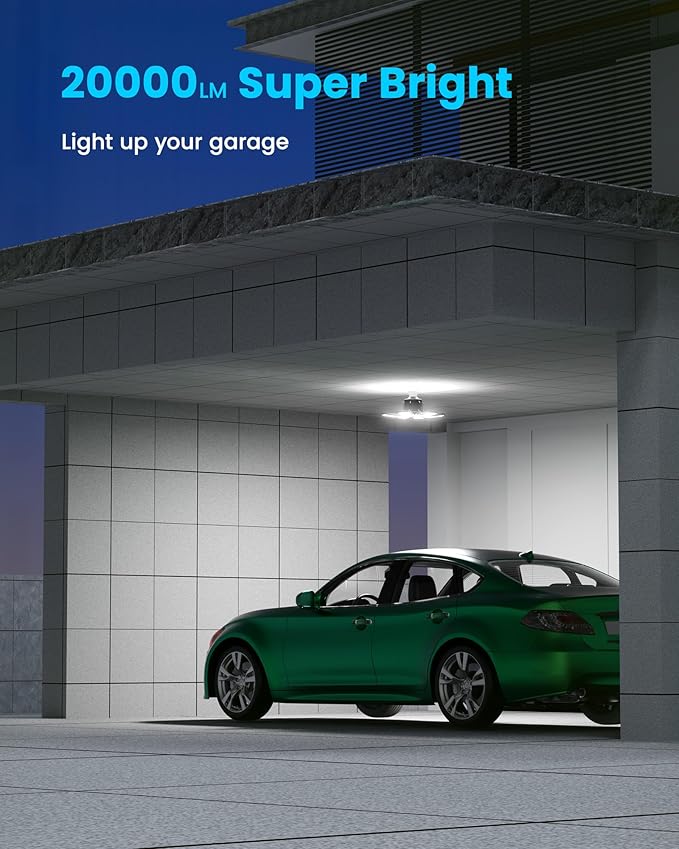 Garage Lights with Motion Sensor, 20000LM Motion Sensor Light Bulb Indoor with 6 Deformable and Auto-Off, E26 Screw-in 6500K Motion Activated Shop Light for Ceiling/Basement 4-Pack