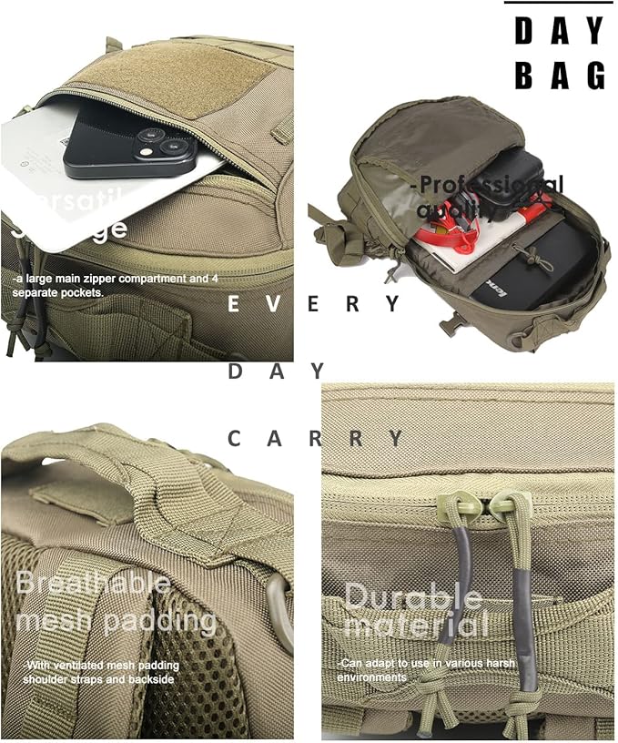 Miramrax 12L Small Backpack Day Pack - Mini Tactical Backpacks Military Daypack Molle Bag Rucksack Bug Out Bag for Hiking Camping Trekking (Green)