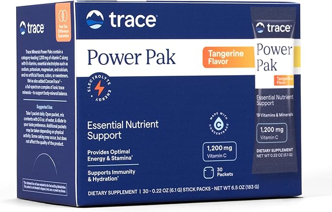 Trace Minerals | Power Pak Electrolyte Powder Packets | 1200 mg Vitamin C, Zinc, Magnesium | Boost Immunity, Hydration and Natural Energy | Tangerine | 30 Packets