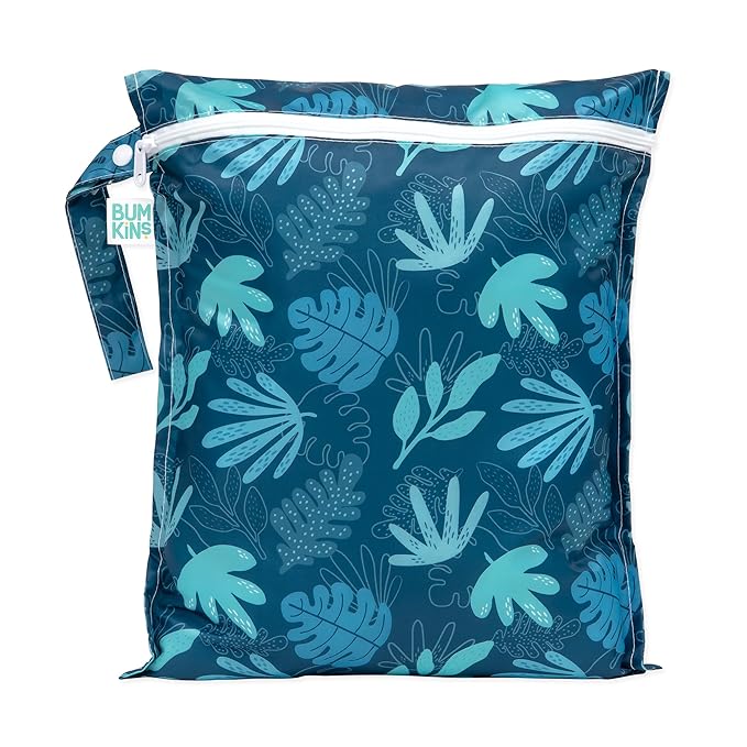 Bumkins Waterproof Wet Bag, Washable, Reusable for Travel, Beach, Pool, Stroller, Diapers, Dirty Gym Clothes, Wet Swimsuits, Toiletries, 12x14 – Blue Tropic