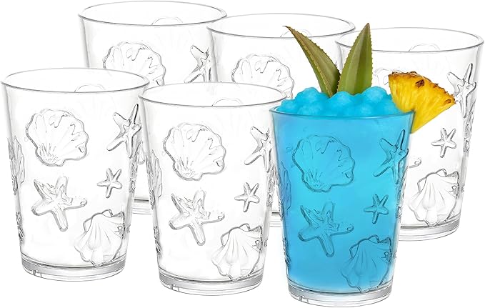 KLIFA- HAWAII series- 15.2 ounce, Set of 6, Sea World Acrylic Drinking Glasses, Shatter-proof Tumblers, BPA-Free, Stackable Plastic Drinkware, Dishwasher Safe Cups, Clear