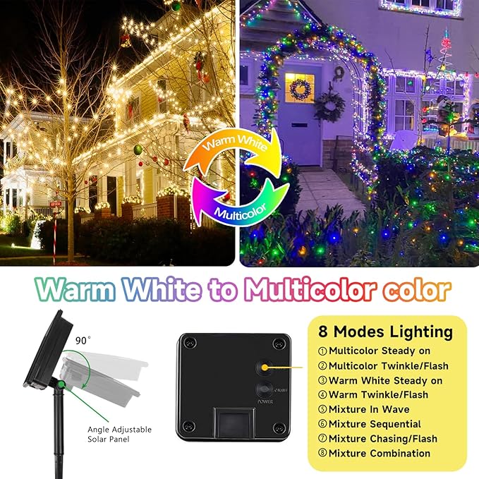 Warm White and Multicolor Color Changing Solar String Lights for Outside, 2 Pack 400LED Solar Fairy Lights Outdoor Waterproof, Copper Wire with 8 Modes Solar Twinkle Lights for Tree Garden Yard Party