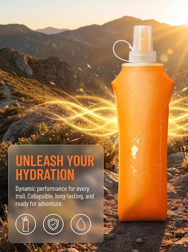 Zelvot Running Vest Soft Flask, BPA-Free 500ml Collapsible Water Bottle for Hydration Backpack, Folding Running Water Bottle for Marathon Hiking Cycling Climbing (Orange, 500 ML)