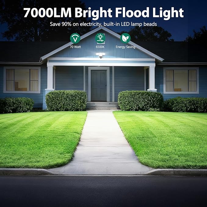70W 7000LM Security Lights Outdoor, 4-Head LED Motion Sensor Flood Light, 6500K Daylight, IP65 Waterproof, 3 Modes for Yard Garage Porch (2)