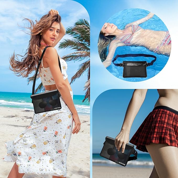 Waterproof Bag for Beach, Waterproof Pouch for Phone Passport Purse, Fanny Packs for Women, Floating Dry Bags for Cruise Ship Travel Water Park Surfing Boating Fishing Black 2 Pack