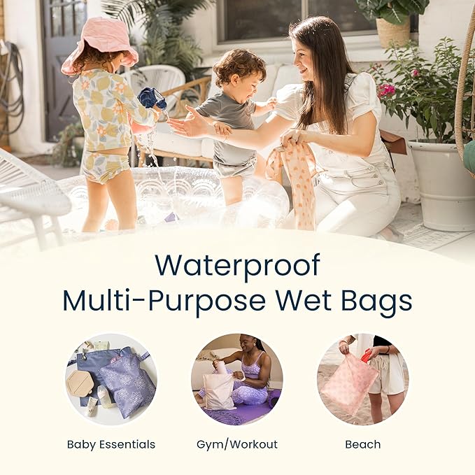 Tiny Twinkle Mess Proof Wet Bags | 2-Pack Reusable Waterproof Wet Bags for Swimsuits | Baby Clothes | Travel & Diaper Bag (Lotus,Blue Tie Dye)