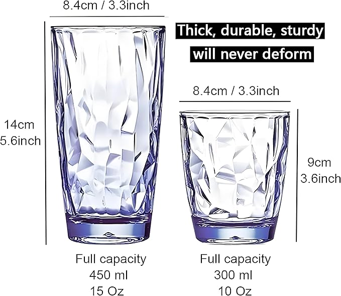 15Oz Shatterproof Tritan Drinking Glasses Unbreakable Acrylic Glasses Drinkware BPA Free Hard Plastic Cups Reusable Kitchen Water Glasses Drinking Set of 8 (Blue)