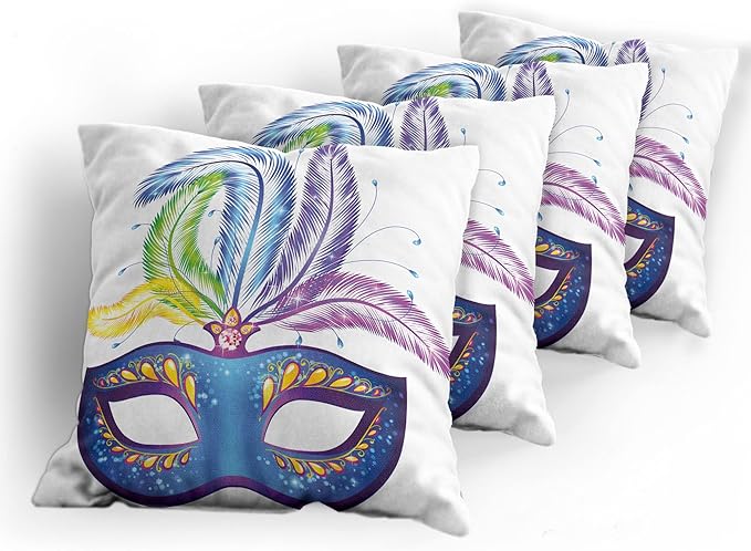 Ambesonne Mardi Gras Throw Pillow Cushion Case Pack of 4, Blue Ornate Venetian Festival with Feathers Masquerade Parade Preparations, Modern Accent Double-Sided Digital Printing, 20", Blue