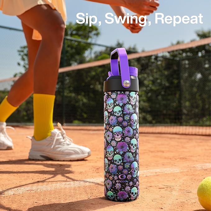 ENCOOL Insulated Water Bottle with Straw Stainless Steel Water Bottle, Leak-Proof, BPA-Free, Double Wall Vacuum Keeps Cold for 24 Hours for Sports, Travel, School (26 oz, Floral Afterlife)