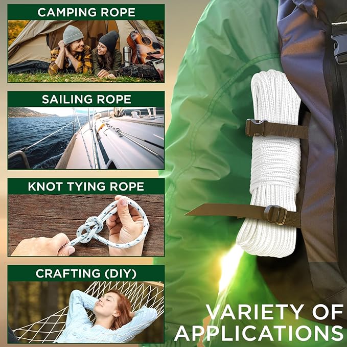 TECEUM Rope – 150 Feet x 1/4 Inch (7mm) – White – Strong All-Purpose Utility Rope – Camping, Crafting, Flag Pole, Indoor & Outdoor – Polypropylene Nylon Poly Lightweight Diamond Braided Cord