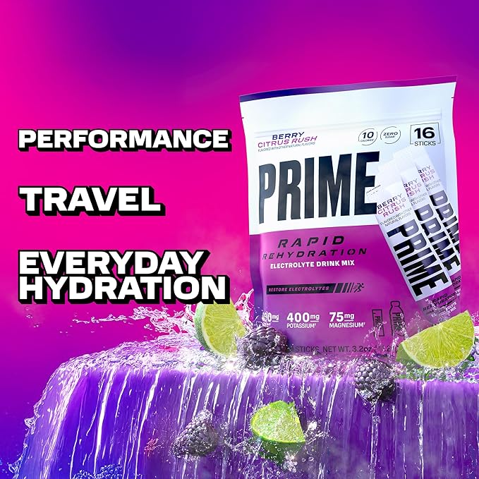 PRIME Rapid Rehydration Electrolyte Powder Sticks, Berry Citrus Rush, Sugar Free Hydration Drink Mix with Sodium, Potassium, Magnesium & B Vitamins to Replenish Fluids, Caffeine Free, 16 Count
