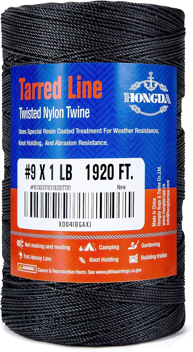 HONGDA Tarred Bank Line Twine, 1920 Feet Nylon Twine #9 Bank Line-Black Nylon String 1.1mm, Black Strong Twisted Seine Rope Ideal for Gardening, Construction, Gear Tying, Jungle Survival