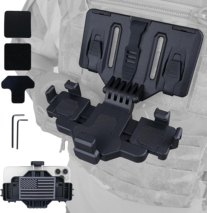 Tactical Gear Plate Carrier Vest Accessories, MOLLE Phone Chest Mount Holder for 6.0"-7.7" Screens, Quick-Release and Adjustable Tactical Phone Holder for Police Vest