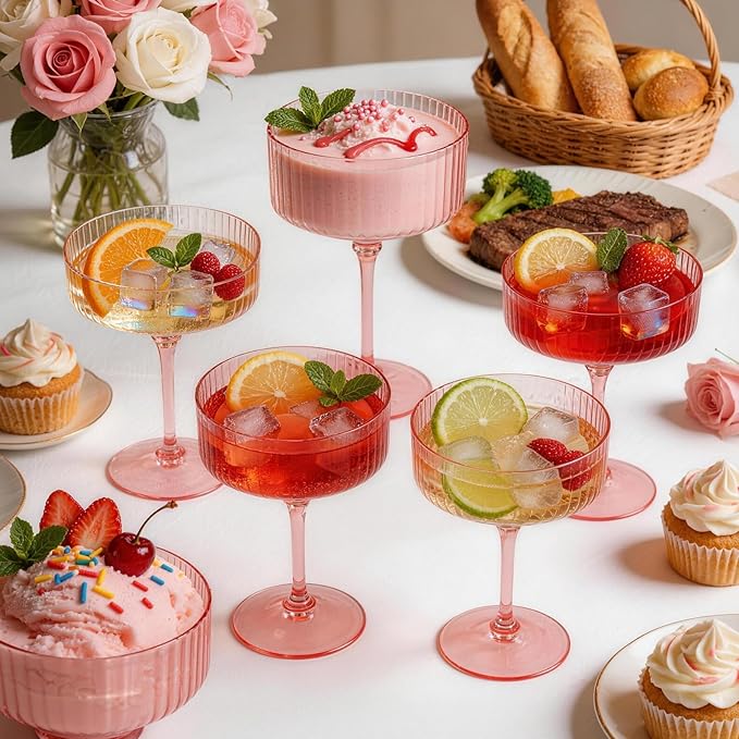 PLULON 12 Pcs Pink Champagne Martini Glasses Set 10 Oz Plastic Ribbed Coupe Cup, Cocktail Glasses Champagne Cup Tower Vintage Margarita Glassware for Clubs Gifts Wedding Bachelor Party Outdoor Events