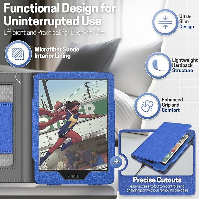 TNP Stand Case for Kindle Paperwhite 12th Generation 2024 / Kindle Colorsoft Signature Edition with Hand Strap & Card Slot - 7" PU Leather Protective Folio Cover with Auto Wake/Sleep, Blue