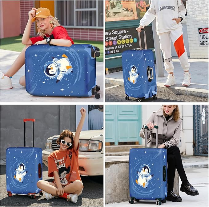ANNA QUEEN Astronaut Penguin Luggage Cover, Cute Space Penguin Design Suitcase Protector, Washable Stretchable Travel Sleeve for 24-26 Inch Luggage