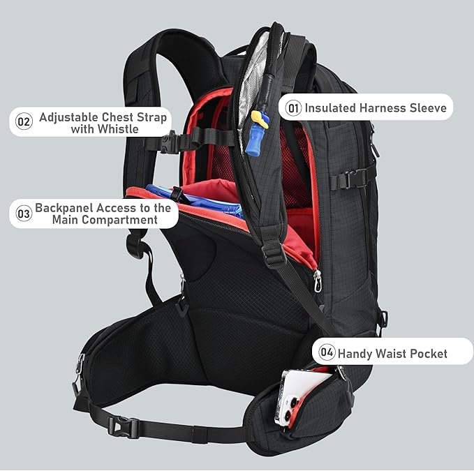 Ski and Snowboard Hydration Backpack, with 2L Water Reservoir and Insulated Harness, 30L Hydration Pack for Skiing, Hiking