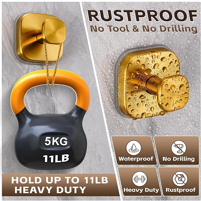 Suction Cup Hooks for Shower Heavy Duty No-Drill– Reusable Multi-Purpose Hooks Adheres to Glass, Mirrors, Tiles & Smooth Surfaces for Towels, Robes, Loofah& Body Sponge (4, Brushed Gold)