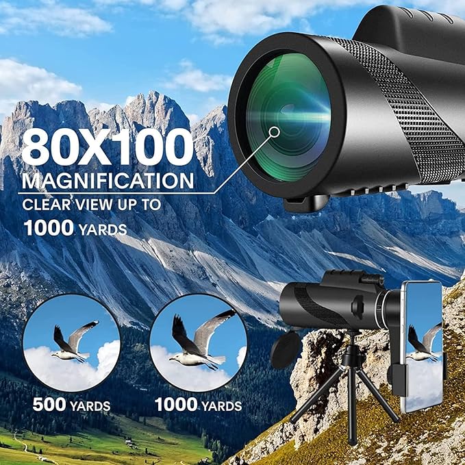 Monocular-Telescope 80x100 High Powered Monoculars High Definition for Adults High Powered with Smartphone Adapter Telescope Hunting Wildlife Bird Watching Travel Camping Hiking-Black1