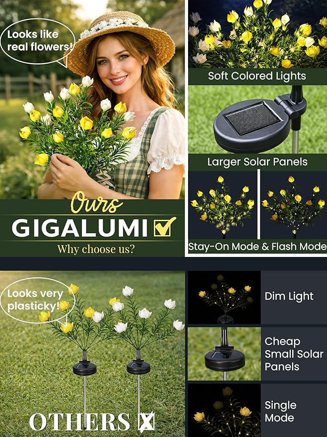 GIGALUMI Solar Garden Lights with Gardenias, 2 Pack LED Garden Decor Carefree Solar Flowers Outdoor Waterproof, Yard Decorations Outdoor, Allergy-Free Light up Flowers for Yard Patio (1white+1yellow)