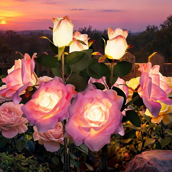 GIGALUMI Solar Lights Outdoor for Garden Decor, 3 Pack Solar Flower Lights Waterproof, 2 Lighting Modes 9 Roses for Pathway,Yard, Patio Decoration, Gardening Gifts for Women (Purple)