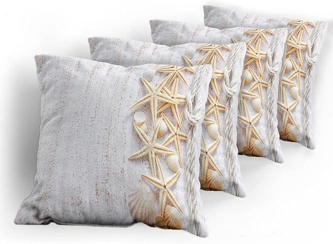Ambesonne Seashells Throw Pillow Cushion Case Pack of 4, Starfish Marine in Vertical Direction Wood Surface Ocean Beach Nautical Print, Modern Accent Double-Sided Digital Printing, 16", Ivory Cream