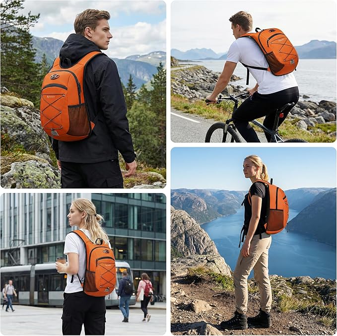 Ultra-Light Soft Daypack 15L/20L, Cushioned Breathable Back Panel Backpack, Lightweight Packable Travel Backpack (Orange, 20L)