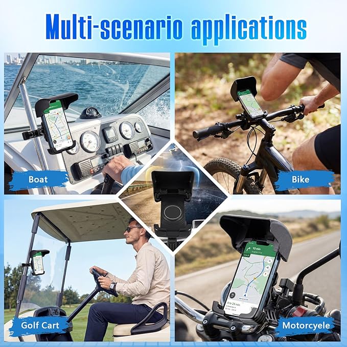 Tellegloww Boat Phone Holder, Marine Cell Phone Holder with Sunshade, 360 Degree Adjustable Knob Crab Clamp, Smartphone Accessory for Cycling, Boat Rail, Pontoon and Outdoor Use(Black)