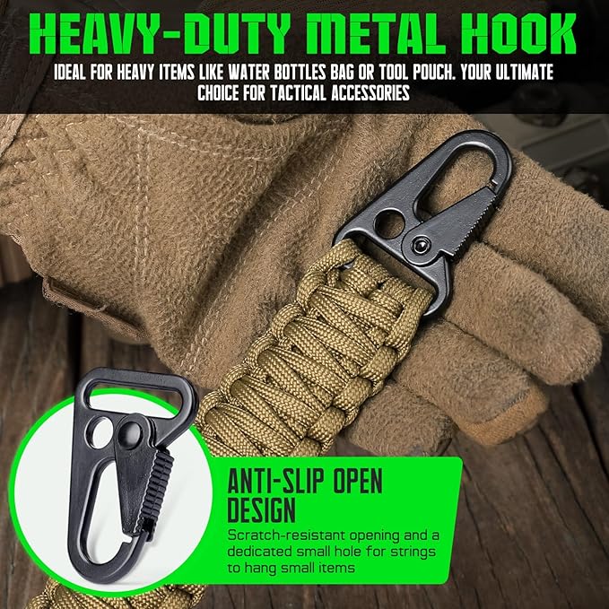 Tactical Paracord Handle，9-core Weaving Paracord Strap for Bag Strap Replacement，Molle Attachment with Metal/Plastic Clips for Backpack Sling Bags Water Bottle Holder