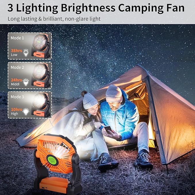 Portable Fan Rechargeable Battery Powered Fan,270°Pivot Cordless Battery Operated Camping Fans with LED Light & Hook,USB Personal Fans Outdoor Camping Essentials for Tent Beach Travel Reading
