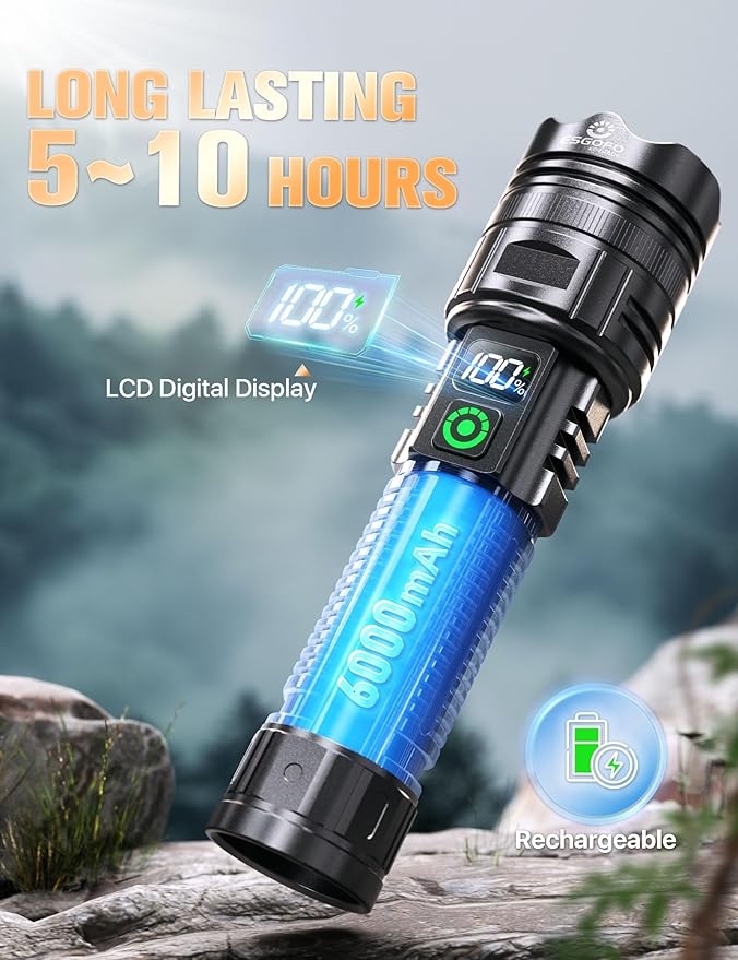 Esgofo Rechargeable Flashlights High Lumens 100000 2 Modes High/Low, Super Bright Magnetic LED Flashlight Long Distance 3280FT, Powerful Long Lasting Strong Flash Light USB C with Clip for Hiking