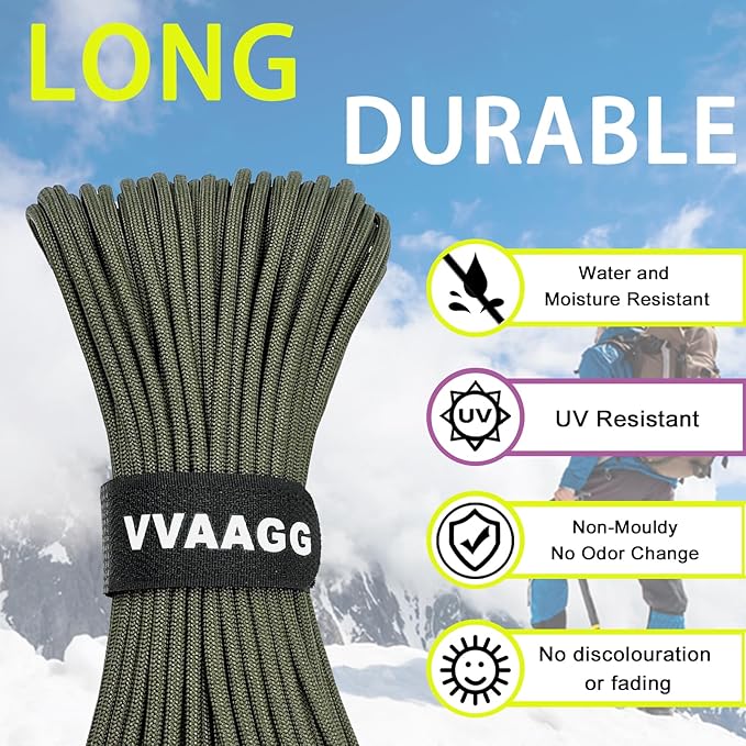VVAAGG 1000 Paracord Rope, 50ft 12 Strand Parachute Cord for Crafting, DIY Projects, Bracelets, Camping, Tent, Clothsline, Outdoor Hiking, Fishing (Army Green, 50FT)
