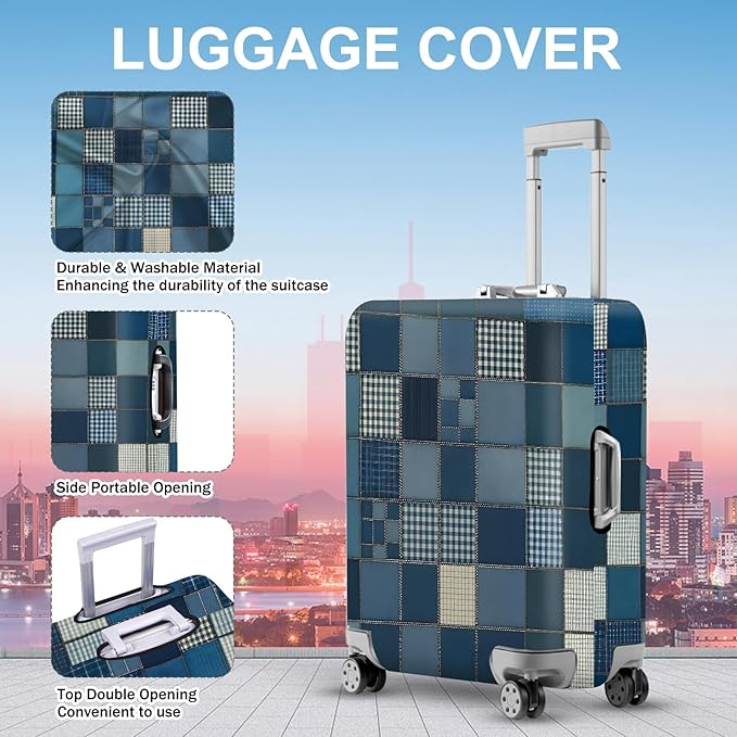ANNA QUEEN Blue Patchwork Luggage Cover, Modern Grid Suitcase Protector, Stretchable Washable Cover for 20-22 Inch Luggage