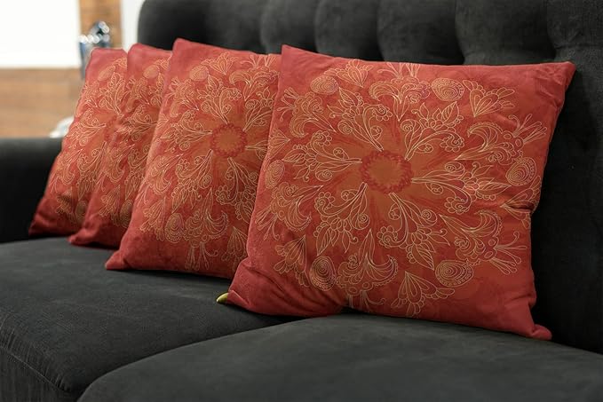 Ambesonne Red Mandala Throw Pillow Cushion Case Pack of 4, Vibrant Colored Doodle Style Nature Romantic Abstract Bouquet Art, Modern Accent Double-Sided Digital Printing, 24", Scarlet Orange